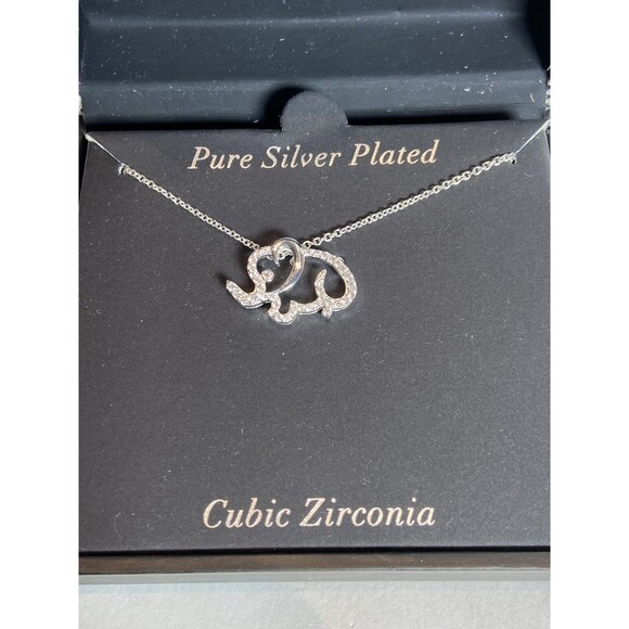 New Elephant Necklace Cubic Zirconia Silver Plate 18” Chain Trunk Up Good Luck - Picture 3 of 6